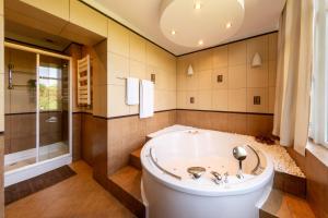 een grote badkamer met een bad en een douche bij 1BR Apt with Jacuzzi near Herastrau: Ideal Getaway in Boekarest