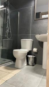 a bathroom with a toilet and a sink at Emerald Suites in Vryses