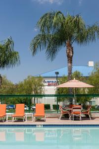 a pool with chairs and an umbrella and a palm tree at Fairfield Inn by Marriott Santa Clarita Valencia in Santa Clarita
