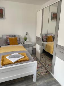 una camera con letto e specchio di Bolkovac Apartman Ulica Donje selo 33 Fužine a Fužine