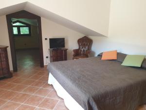 1 dormitorio con 1 cama, 1 silla y TV en Villa Nina tra i castagni, en Roccadaspide