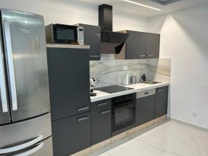 eine Küche mit Küchengeräten aus Edelstahl und einer Mikrowelle in der Unterkunft Rijeka UrbanSPA in Rijeka