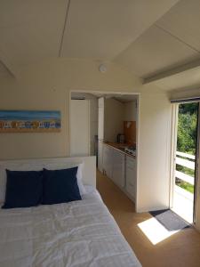 Postel nebo postele na pokoji v ubytování Voormalig strandhuisje in boomgaard in Hengstdijk