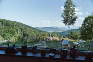 um quarto com uma janela com vista para uma montanha em RESETówka - chatka na odludziu do wynajęcia em Jaszczurowa