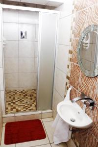 a bathroom with a shower and a white sink at Baobab Tree Guest House in Huntley