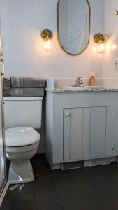 Whimsical Cottage w/ Pond View في Dundee: حمام مزود بمرحاض ومغسلة ومرآة +13 صورة