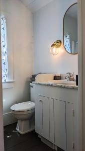 a bathroom with a toilet and a sink and a mirror at Whimsical Cottage w/ Pond View in Dundee