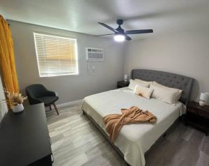 a bedroom with a bed with a ceiling fan at Downtown Rustic Roots in Chico