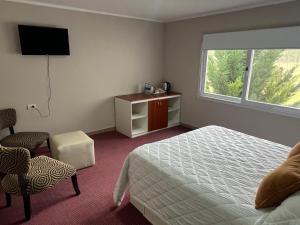 1 dormitorio con 1 cama, 1 silla y 1 ventana en La Sicilia Chacra en Villa Regina