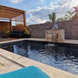 een zwembad met een fontein in een tuin bij La villa Les Terrasses sur le Port, 6 personnes in La Possession