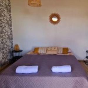 een slaapkamer met een paars bed met 2 handdoeken erop bij La villa Les Terrasses sur le Port, 6 personnes in La Possession