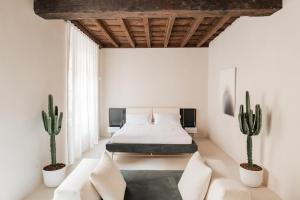 ein Schlafzimmer mit einem Bett, einem Sofa und einem Kaktus in der Unterkunft Palazzo Mazzini in Como