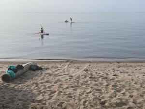 a group of people on paddle boards in the water at Maison sur la plage in Chambord