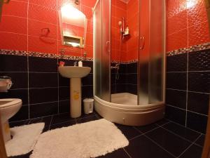 a bathroom with a shower and a sink and a toilet at Venus Apartman in Brčko