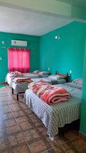 3 camas en una habitación con paredes verdes en Departamento WISCZOREK en Puerto Iguazú