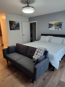 加兹登Serene Studio Apt in Gadsden AL的带一张大床和一张沙发的卧室