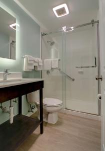 a bathroom with a shower and a toilet and a sink at Quality Inn & Suites in Lincoln