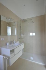 uma casa de banho com um lavatório e uma cabina de duche em vidro. em Balcone in Valle d'Itria em Martina Franca