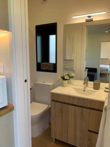 een badkamer met een wastafel, een toilet en een spiegel bij Quinta da Mó in Terras de Bouro