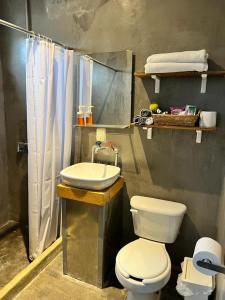 ein Badezimmer mit einem weißen WC und einem Waschbecken in der Unterkunft Heart of Ruta Del Vino, Cozy Casitas Pan y Vino! in Valle de Guadalupe