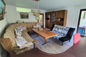 a living room with a couch and a table at Familien-Ferienwohnung Lichtenstein (BW) in Lichtenstein