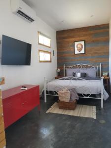 Schlafzimmer mit einem Bett und einem Flachbild-TV in der Unterkunft Heart of Ruta Del Vino, Cozy Casitas Pan y Vino! in Valle de Guadalupe