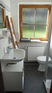 uma casa de banho com um lavatório, um WC e uma janela. em Ferienwohnung Dillmann em Sachrang