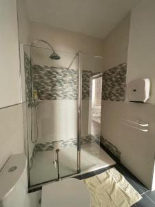 uma casa de banho com uma cabina de duche em vidro e um WC. em Le Grand Berger Chambres D'Hotes 