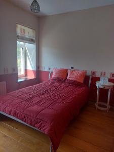 1 dormitorio con 1 cama grande y edredón rojo en Jolie maison en pierre aux grottes de han, en Rochefort