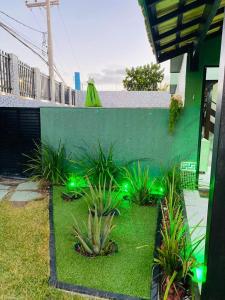 a garden with green plants in front of a building at Linda casa frente mar pé na areia praia Flamengo in Salvador