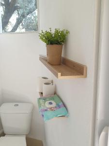 a bathroom with a toilet and a plant on a shelf at Petrohori before midnight in Pylos