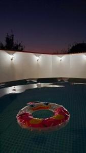 a pool with a colorful bowl in the water at night at Villa Apartments B&D in Ohrid