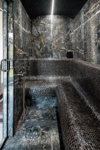 a bathroom with a large shower with a large tub at Backyard Jacuzzi House in Oradea +43 photos