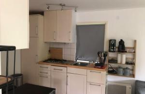 a small kitchen with white cabinets and a sink at Sari in Steendam