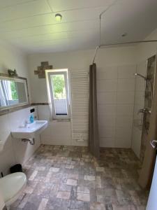 a bathroom with a toilet and a sink and a shower at Haus Rungholt in Emmelsbüll-Horsbüll