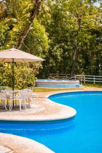 uma piscina com um guarda-sol e cadeiras e uma mesa com um guarda-sol em Hotel Nututun Palenque em Palenque