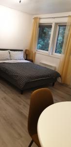 een slaapkamer met een bed, een tafel en 2 ramen bij Studio 2 in Dalen