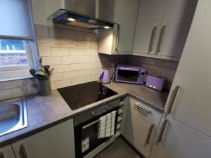 una pequeña cocina con microondas púrpura en la encimera en The Bob Marley 'One Love' Apartment, Relaxed Vibes, en Liverpool