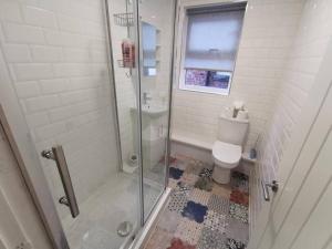 a bathroom with a shower and a toilet at The Bob Marley 'One Love' Apartment, Relaxed Vibes in Liverpool