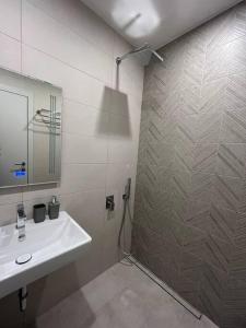 a bathroom with a shower and a sink and a mirror at Modern City Center 2 Bedroom Apartment in Sofia