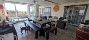 Kairos Guesthouse Orania في Orania: غرفة معيشة فيها طاولة وكلب