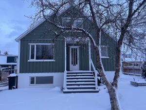 a small green house with stairs in the snow at Akureyri apartments in Akureyri