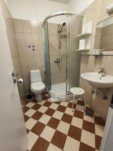 uma casa de banho com um chuveiro, um WC e um lavatório. em Guest House Adria em Primošten