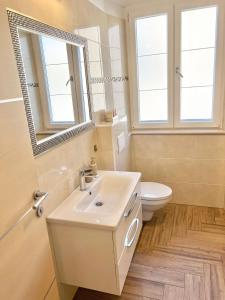 uma casa de banho com um lavatório, um WC e um espelho. em Luxury apartment Aura em Supetar
