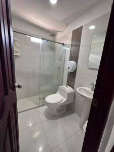 y baño con aseo, ducha y lavamanos. en Hotel Casa Evan en Mompox