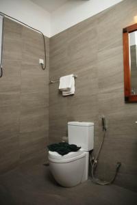 La salle de bains est pourvue de toilettes, d'un miroir et de serviettes. dans l'établissement CLIFTON Manor luxury boutique hotel, à Nuwara Eliya