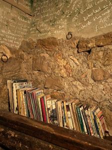 een stapel boeken op een plank tegen een stenen muur bij Ca la Traviesa - Refugio del Arte - Pet Lovers - Adults Only - Montsant in Bellaguarda