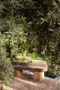 kamienna ławka z roślinami w parku w obiekcie Prieuré Saint-Nicolas - Les Maisons w mieście Blauzac