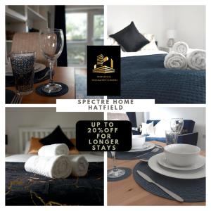 uma colagem de fotografias de um quarto com uma cama e uma mesa em NEW TO MARKET - Spectre Home, Hatfield - Contractors, Engineers, Relocators, LongStay Discounts, Parking em Hatfield