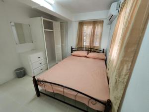 a small bedroom with a bed with two pink pillows at Chez Emmanuel in Gros Islet